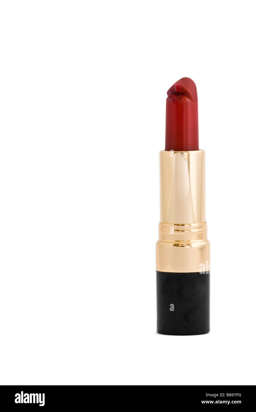 A capless tube of red lipstick with the top of the lipstick forming a pair of kissing lips. Stock Photo