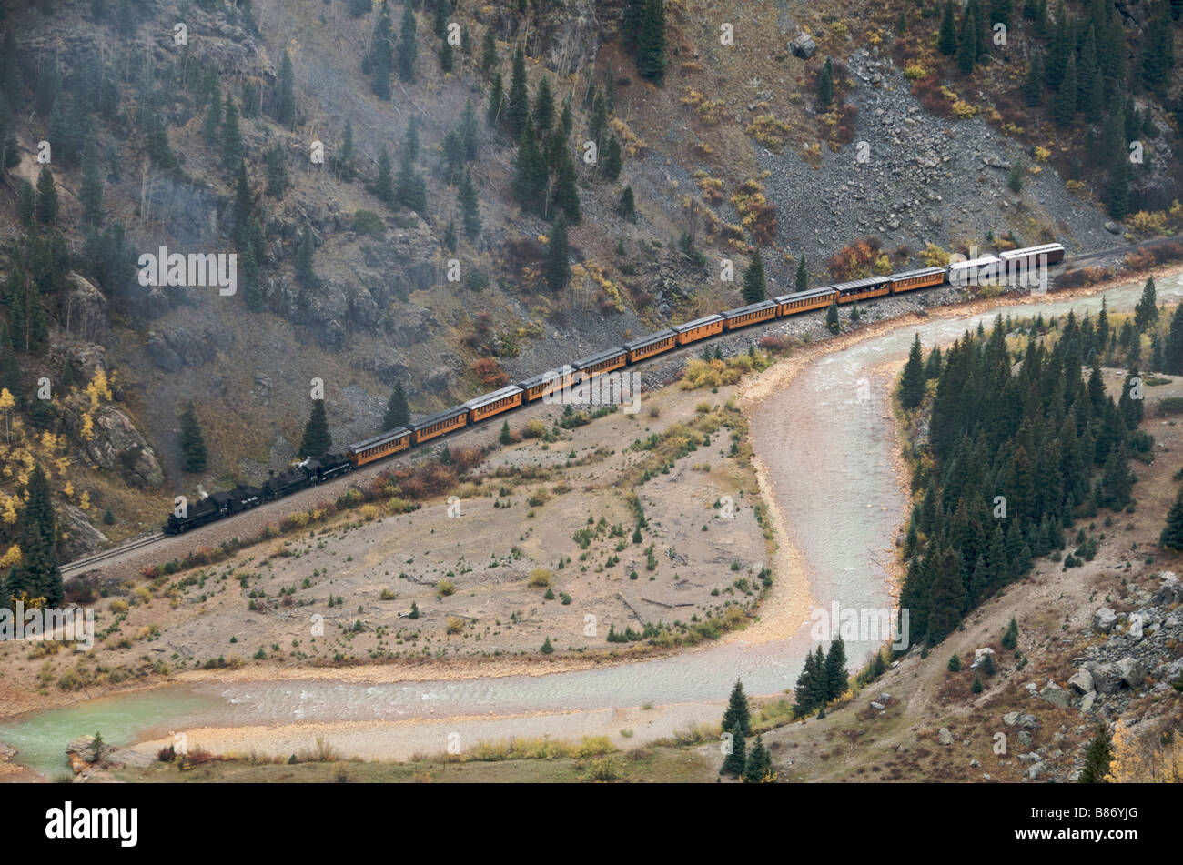 Aerial view of Durango Silverton Steam Train with double locomotives Colorado USA Stock Photo