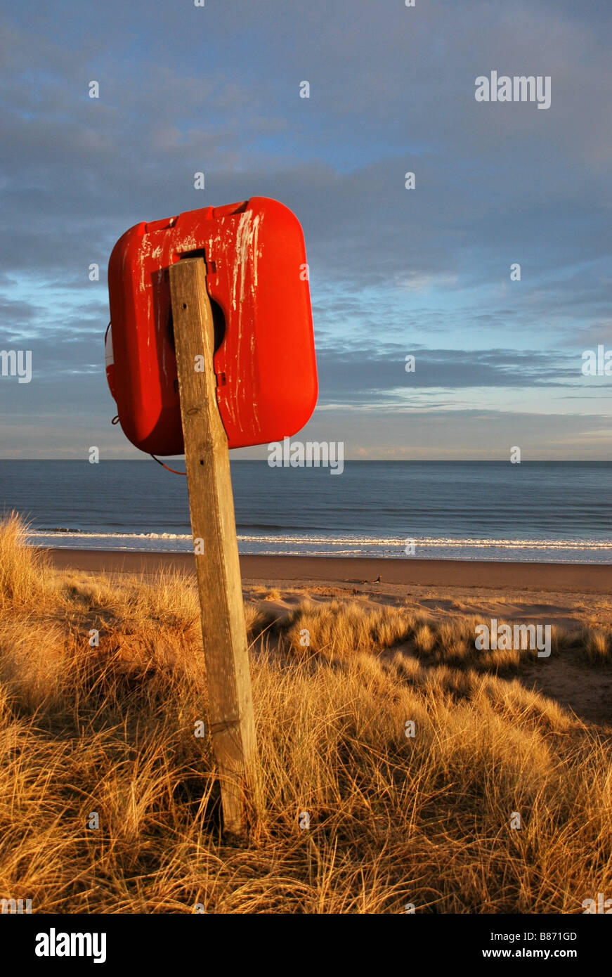 Back view of a lifebelt holder on the dunes of a beach in NE Scotland. Stock Photo