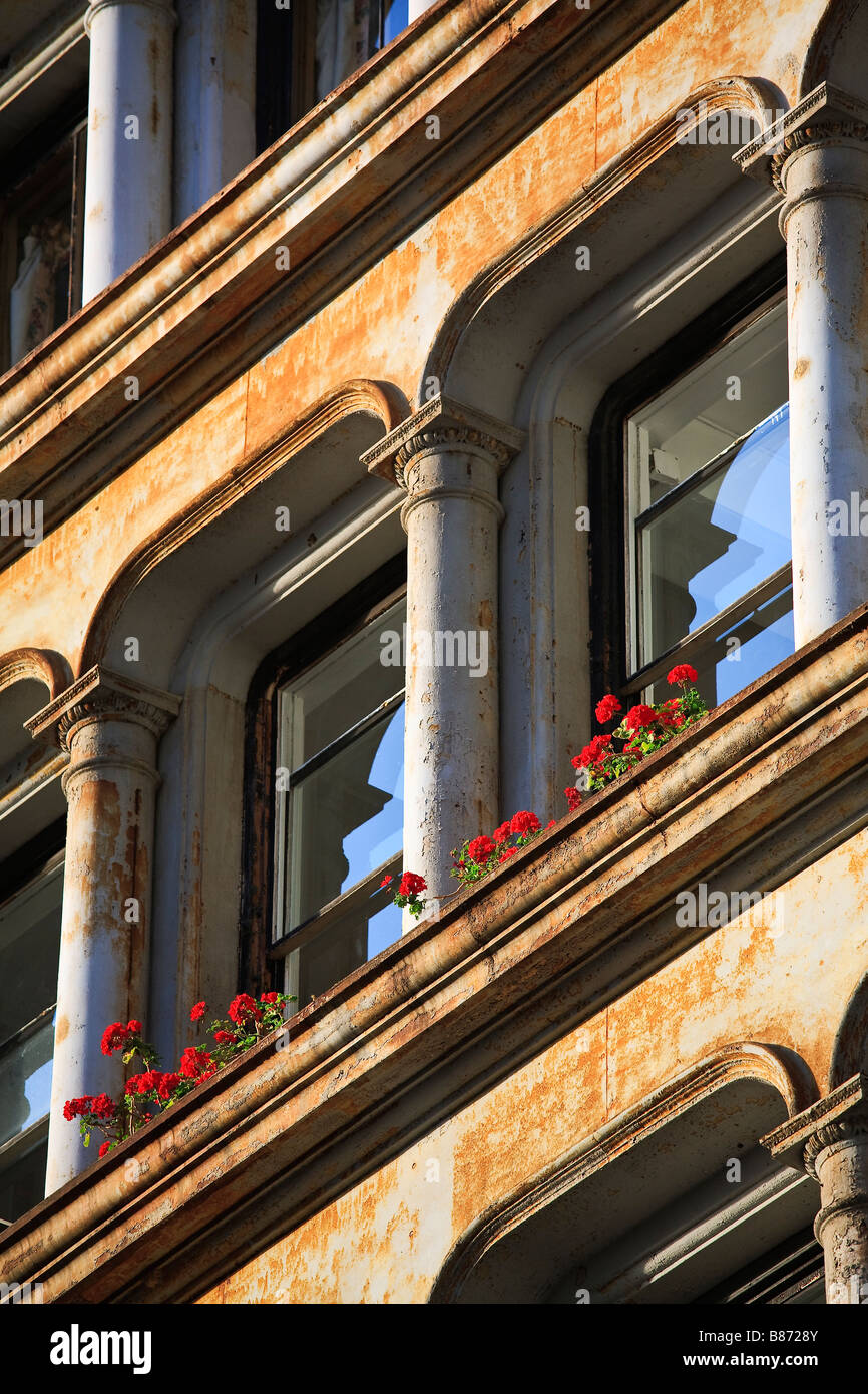 Windows and geraniums SoHo Manhattan New York NY Stock Photo