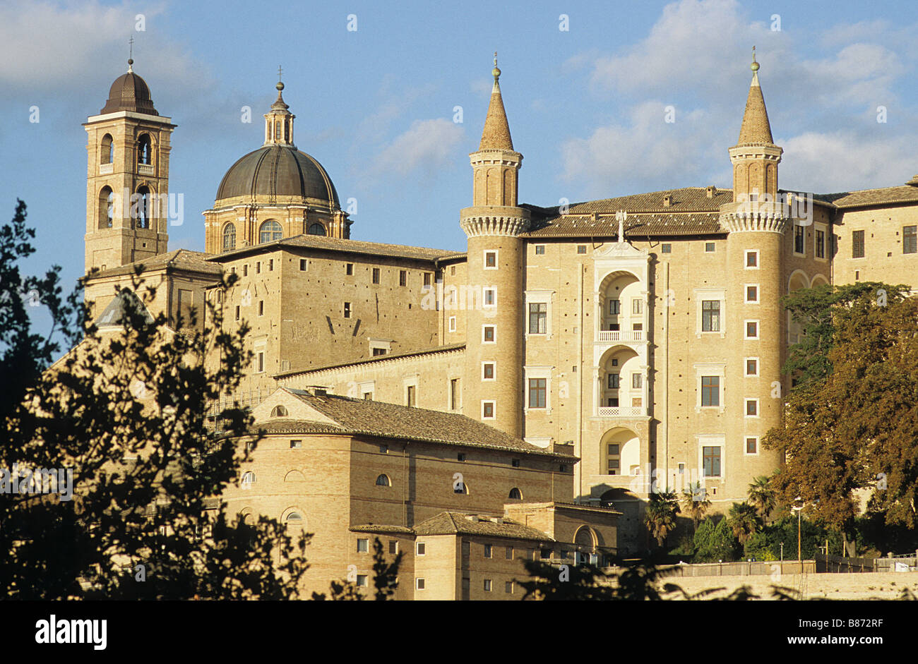 Urbino, Italy, Cathedral and Ducal Palace seen from lower part of the town. Stock Photo