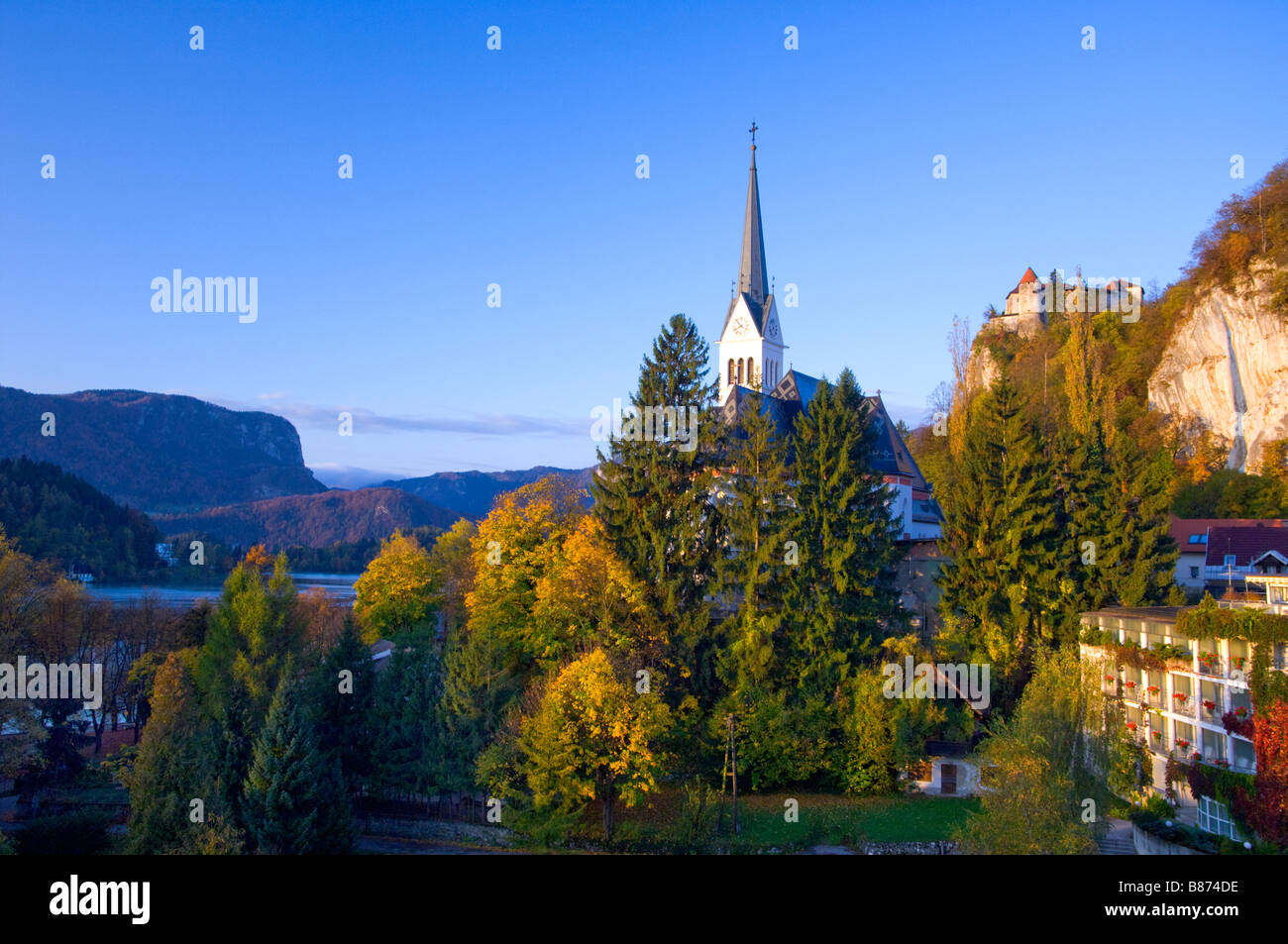 The St Martin s Parish Church and Castle at Bled slovenia Stock Photo