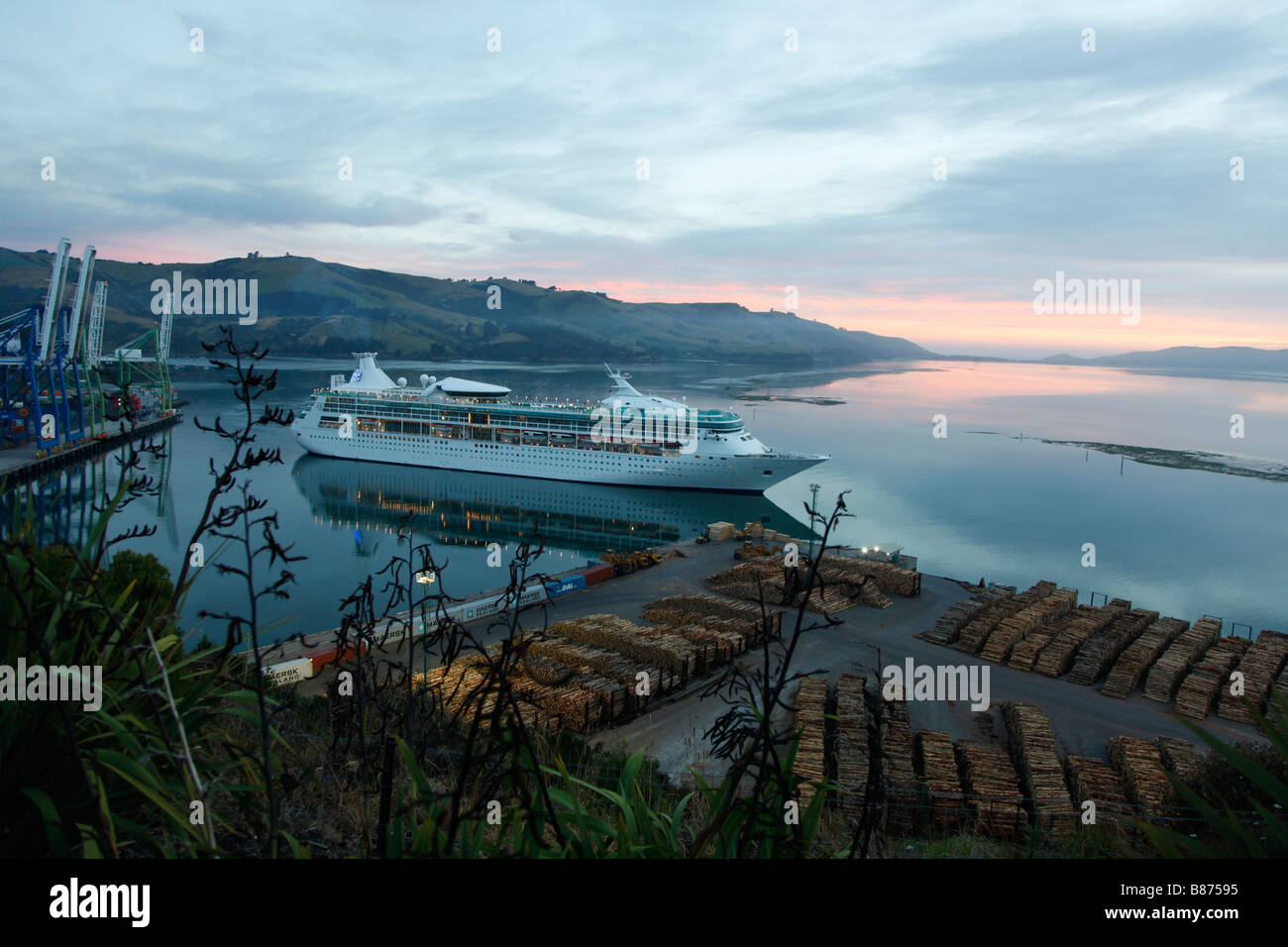 Rhapsody of the Seas cruise ship liner arriving at dawn at Port Chalmers,Otago,, Suth Island, New Zealand Stock Photo