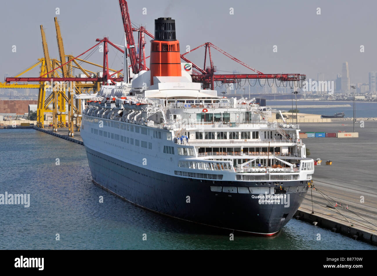 Queen Elizabeth 2 QE2 QEII ex Cunard cruise ship liner Port Rashid Dubai awaiting conversion to floating hotel museum 2009 United Arab Emirates UAE Stock Photo