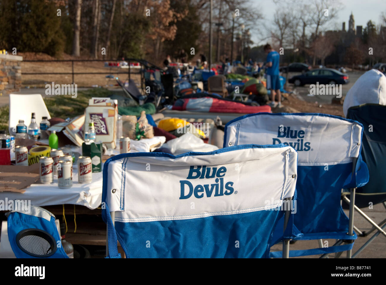 Students of Duke University camp out in front of Cameron Indoor Stadium before a Duke vs UNC Basketball game Stock Photo