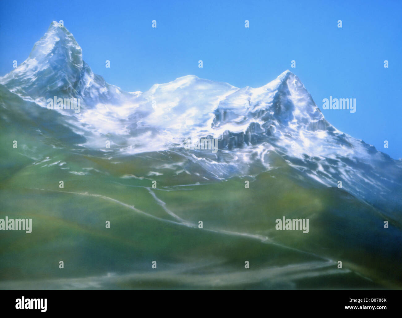 Painted canvas tarp. Mountainous landscape Stock Photo