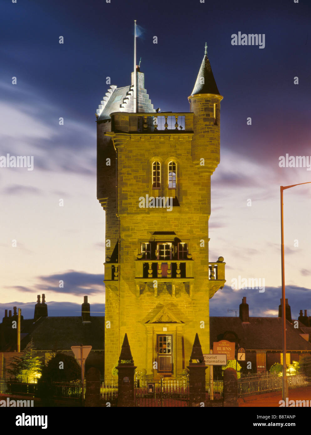 Burns Memorial Tower at night, Mauchline village, near Ayr, Ayrshire, Strathclyde, Scotland, UK. Stock Photo