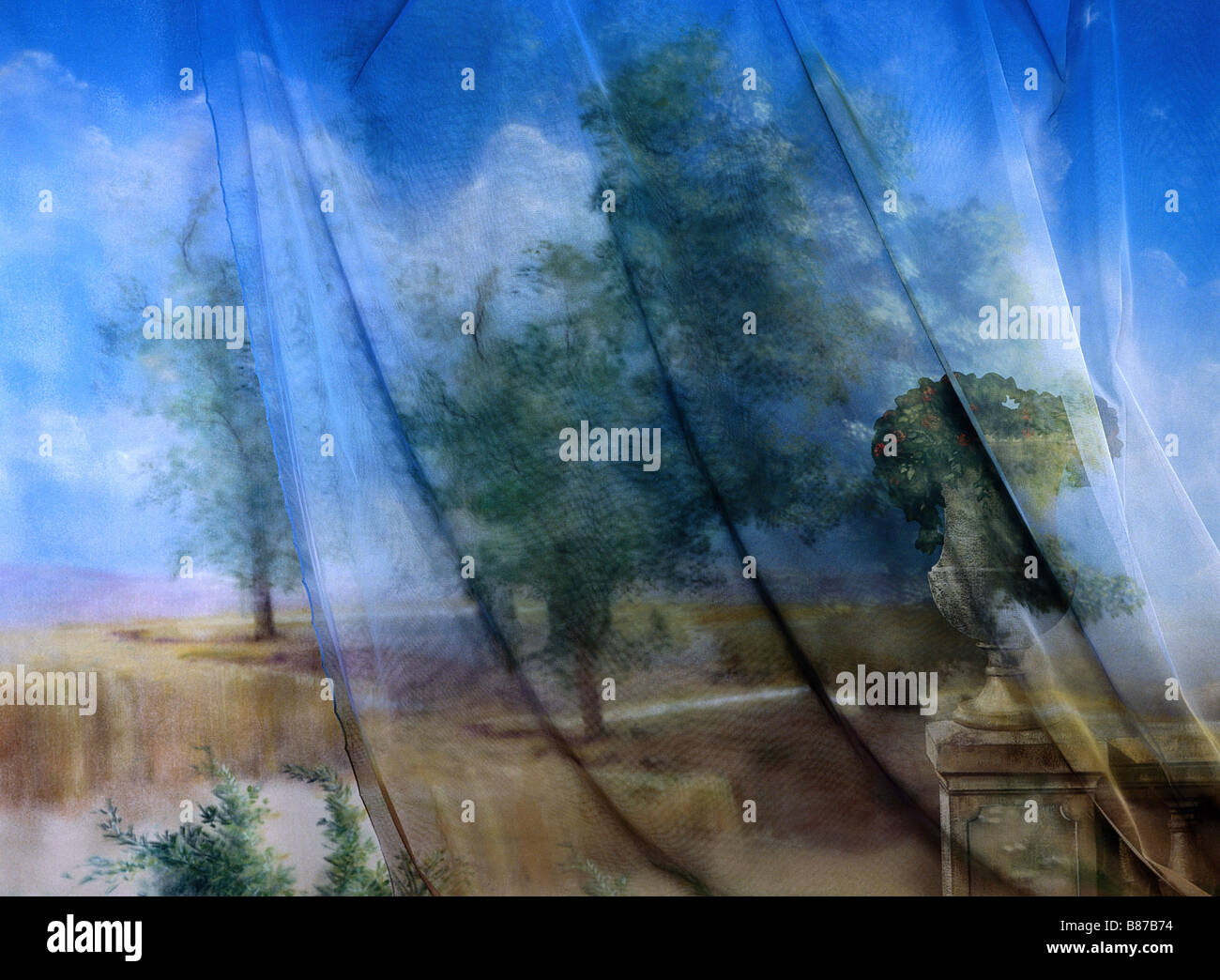 Painted backdrop on a tarp of a landscape Stock Photo