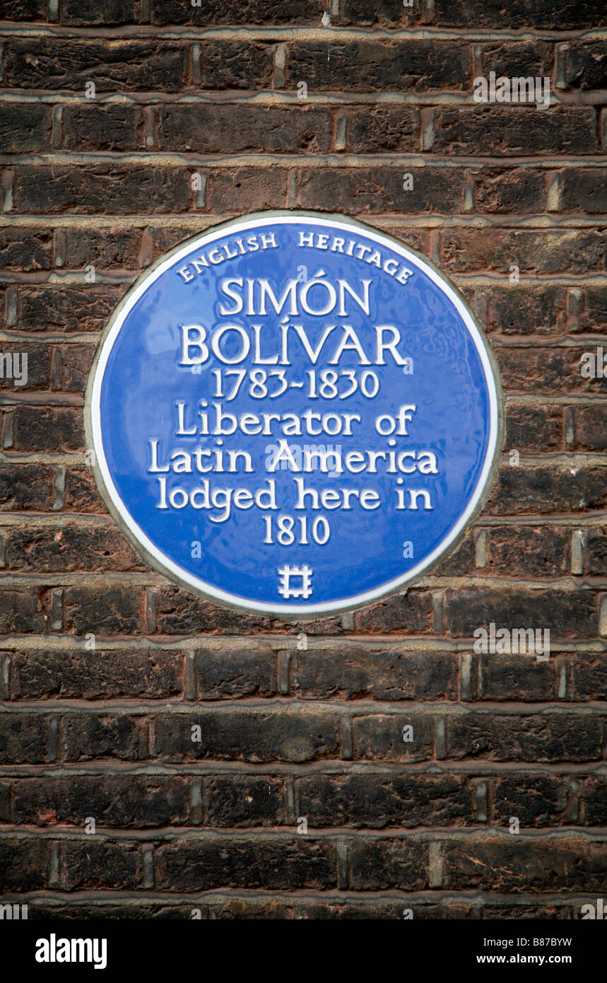A blue commemorative plaque to Simon Bolivar, liberator of Latin America, in Marylebone, London. Jan 2009 Stock Photo