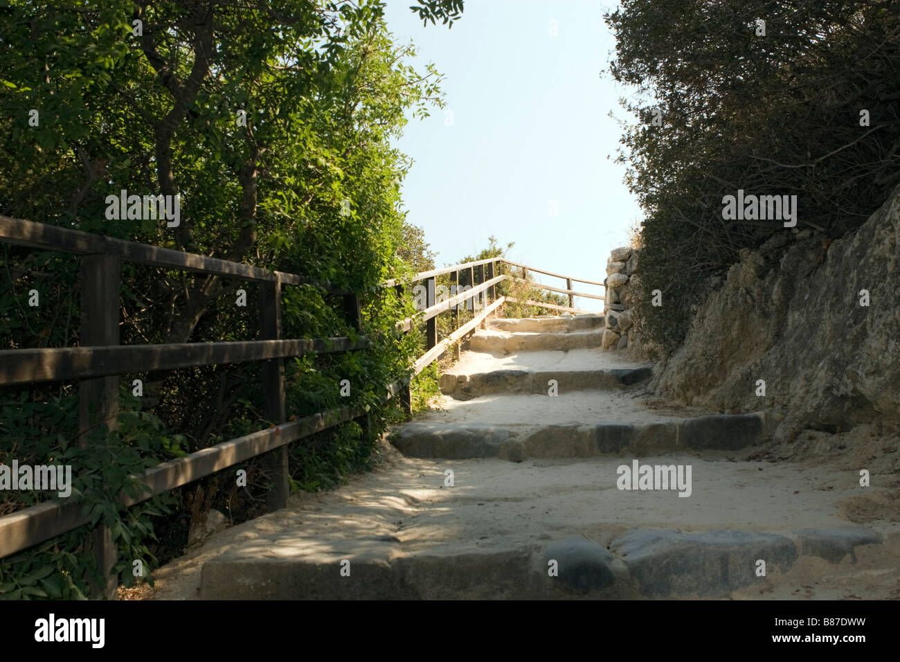 UNESCO World Heritage stairs to Choirokoitia settlement excavation area . South Cyprus. Stock Photo