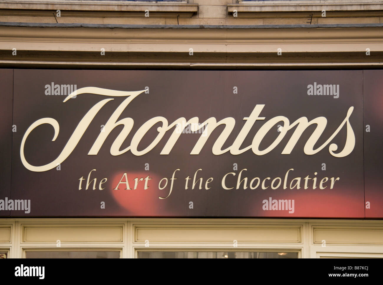A shop sign above the Thorntons chocolate confectionery shop