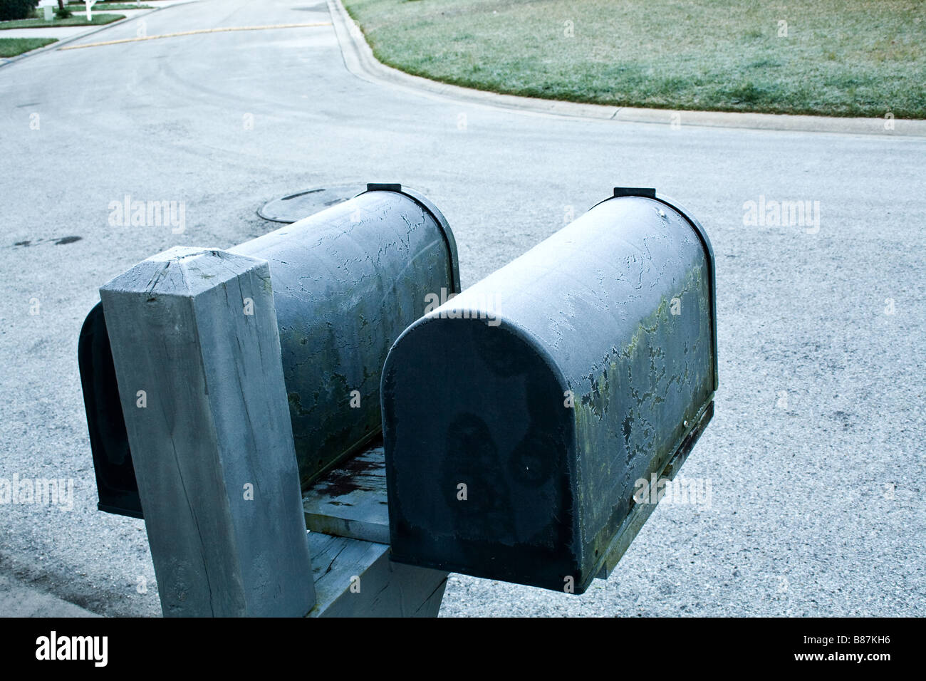 Pair of mailboxes covered in Frost in Florida Stock Photo