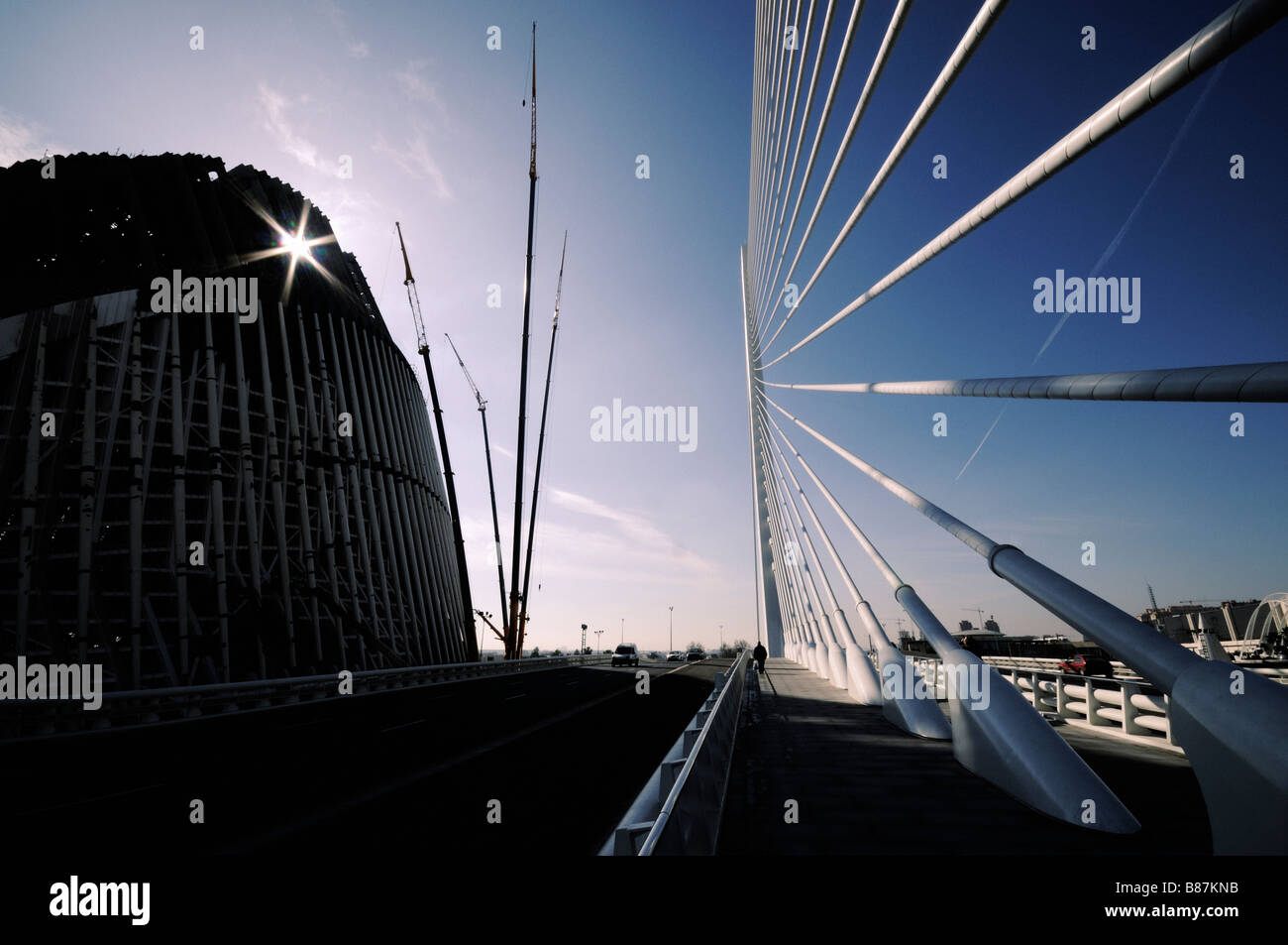 'Agora' building and 'L'Assut de l'Or' bridge (both by Santiago Calatrava). City of Arts and Sciences complex. Valencia. Spain. Stock Photo