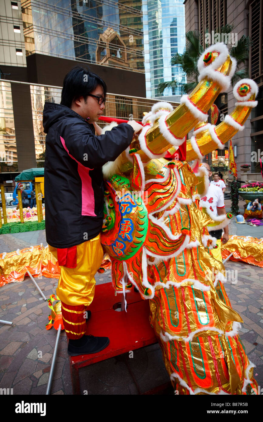 Part of the Chinese Dragon Dance activities to celebrate the Lunar New Year in Central, Hong Kong. Stock Photo