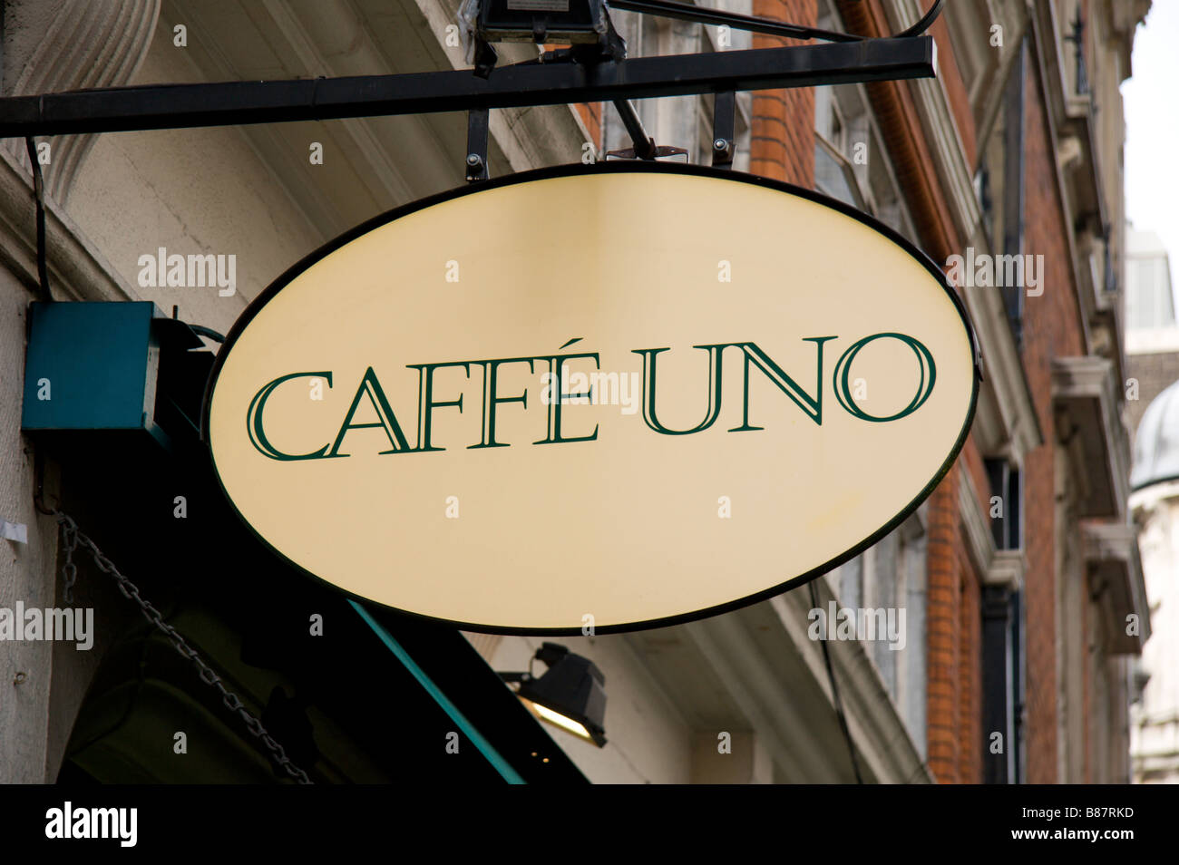 A shop sign above the Caffe Uno Italian restaurant, Marylebone, London. Jan 2009 Stock Photo