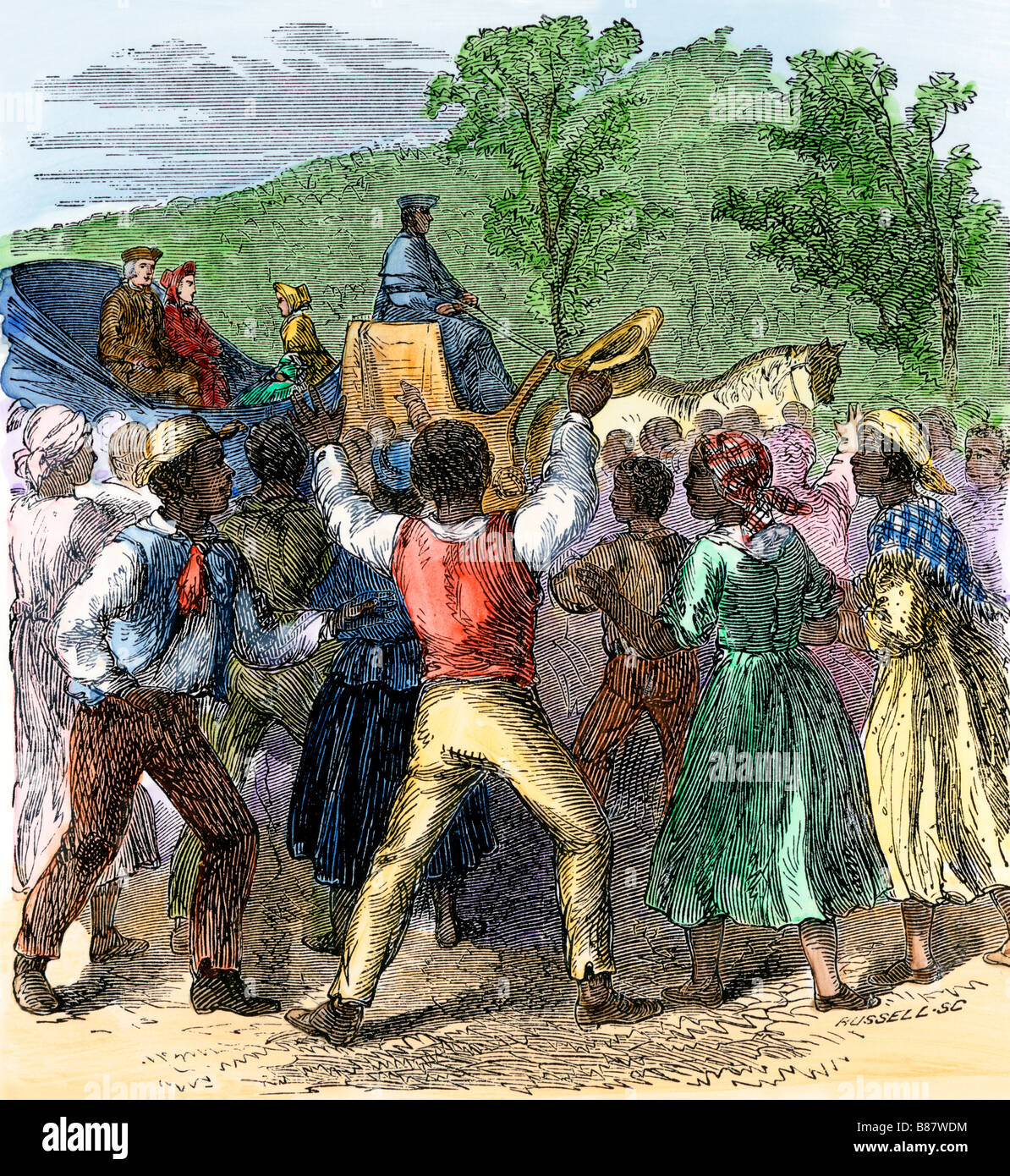 Thomas Jefferson's return to Monticello from Paris 1789. Hand-colored woodcut Stock Photo