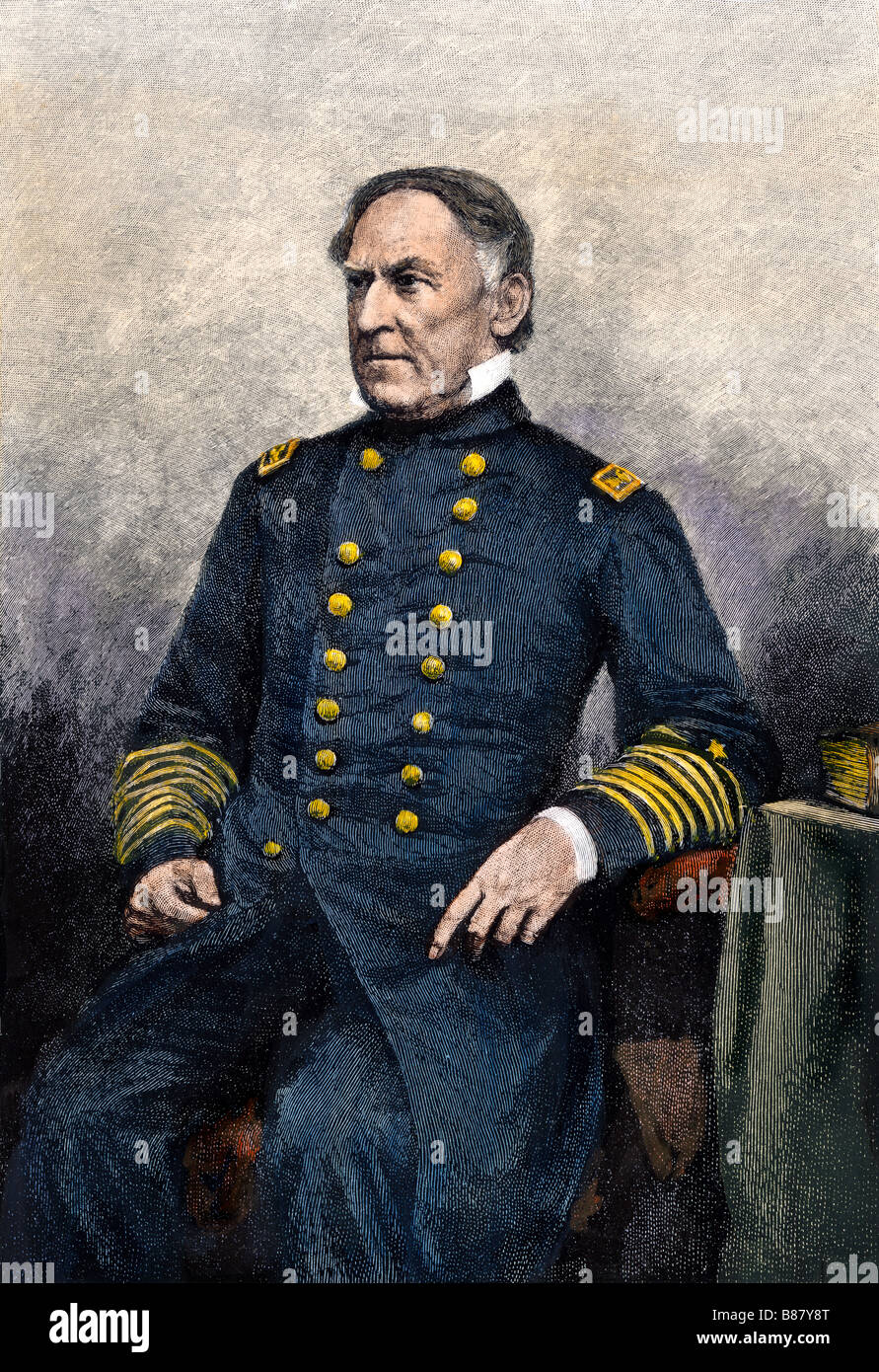 Admiral David Glasgow Farragut portrait. Hand-colored engraving Stock Photo