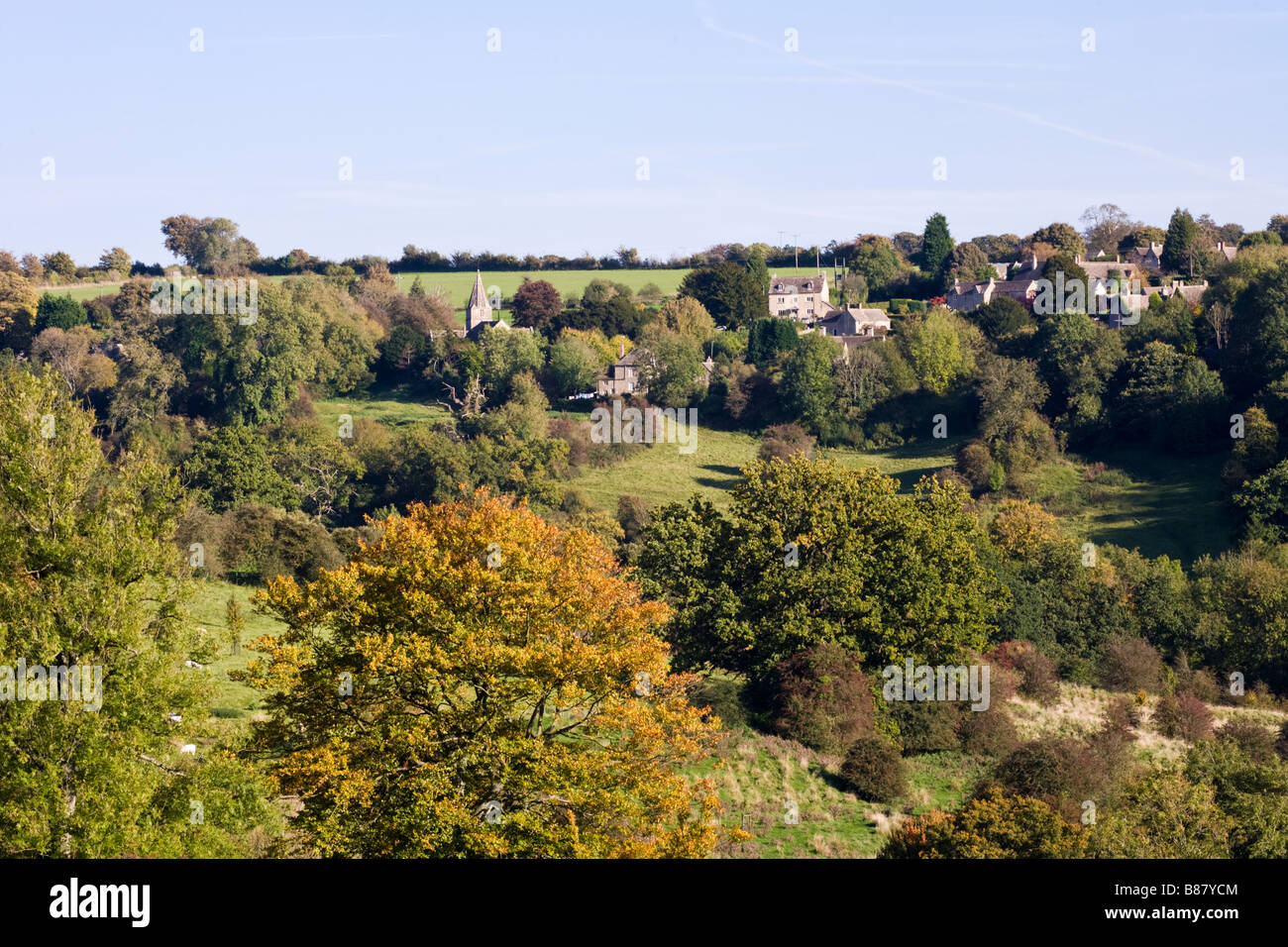 The Cotswold village of Sapperton, Gloucestershire - viewed from across the upper Frome Valley at Daneway Stock Photo
