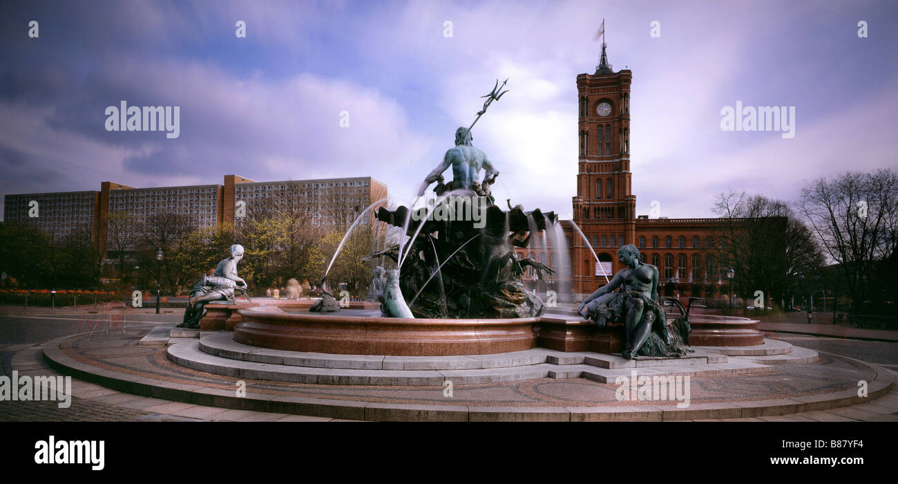 The Neptune Fountain Berlin Red Town Hall Germany Stock Photo
