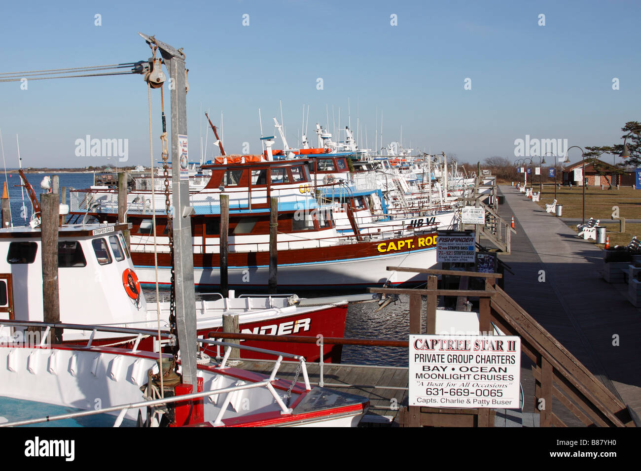 Charter fishing boats in port, Long Island, New York Stock Photo