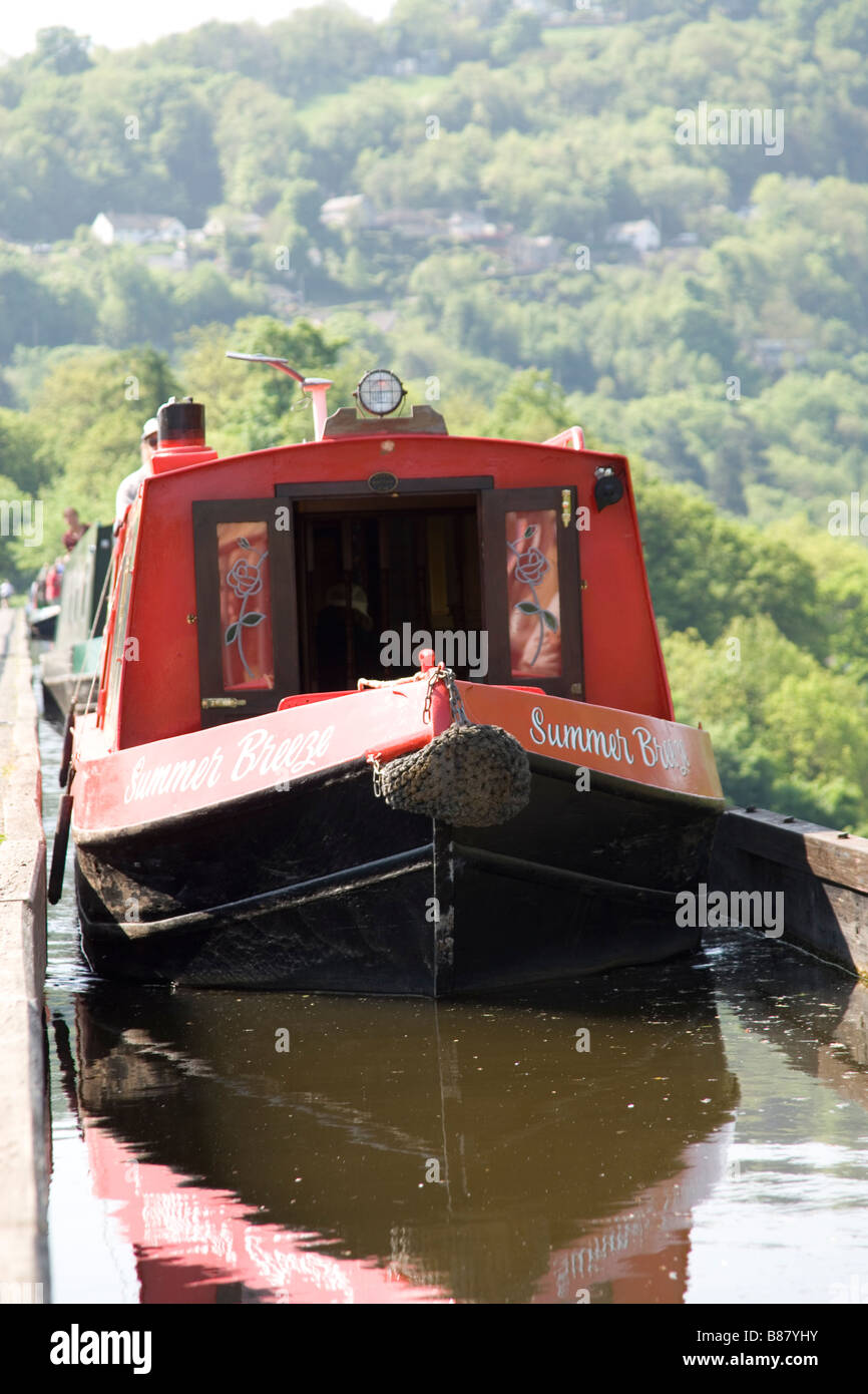 Narrow boat crossing the Pontcysyllte viaduct on the Llangollen Canal