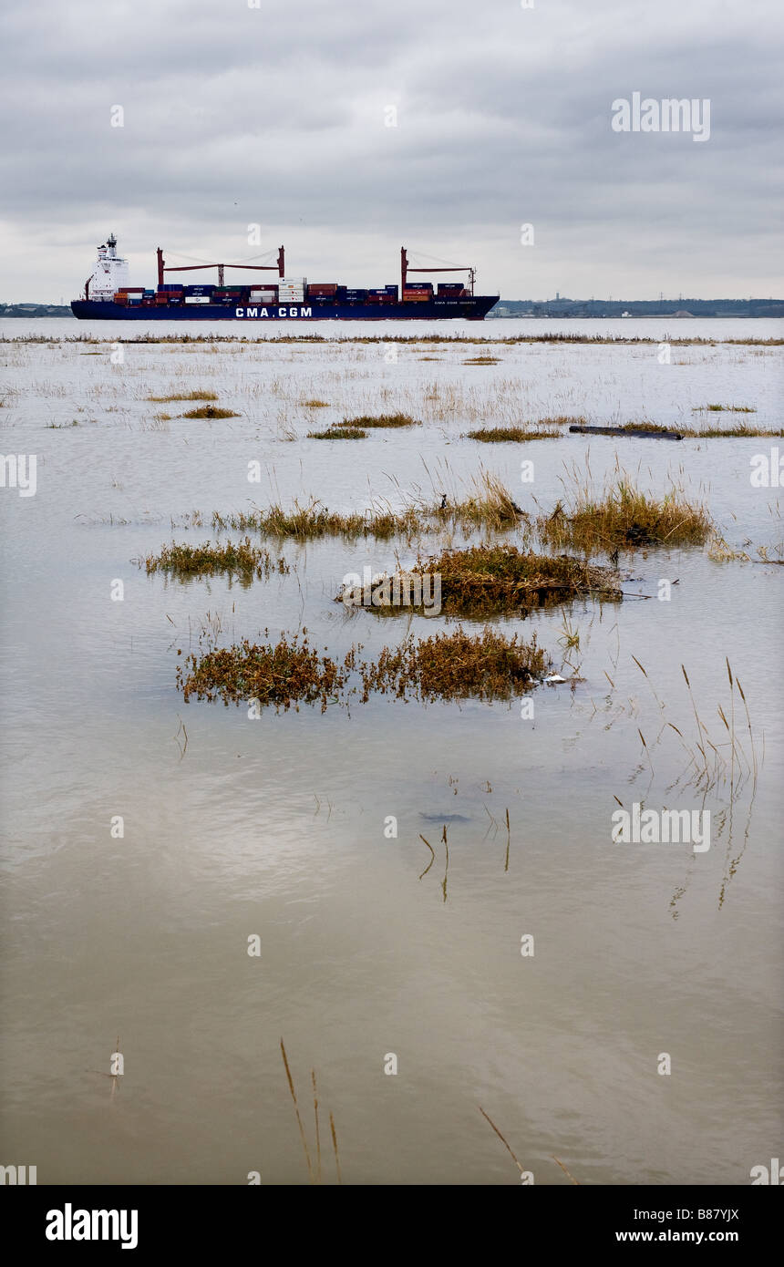 A container ship steaming upriver on the River Thames in Essex Stock ...