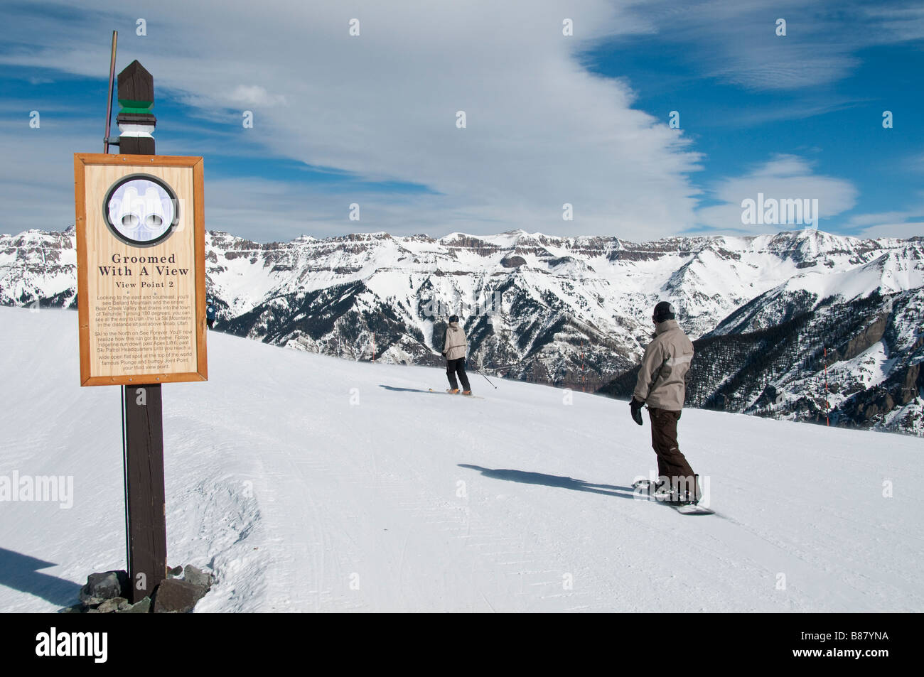 Groomed with a view, View Point 2 sign, Telluride Ski Resort, Telluride, Colorado. Stock Photo