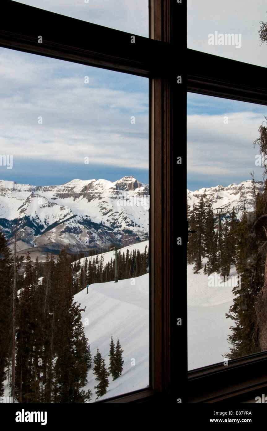 View out the kitchen windows, Tempter House, Telluride Ski Resort, Telluride, Colorado. Stock Photo