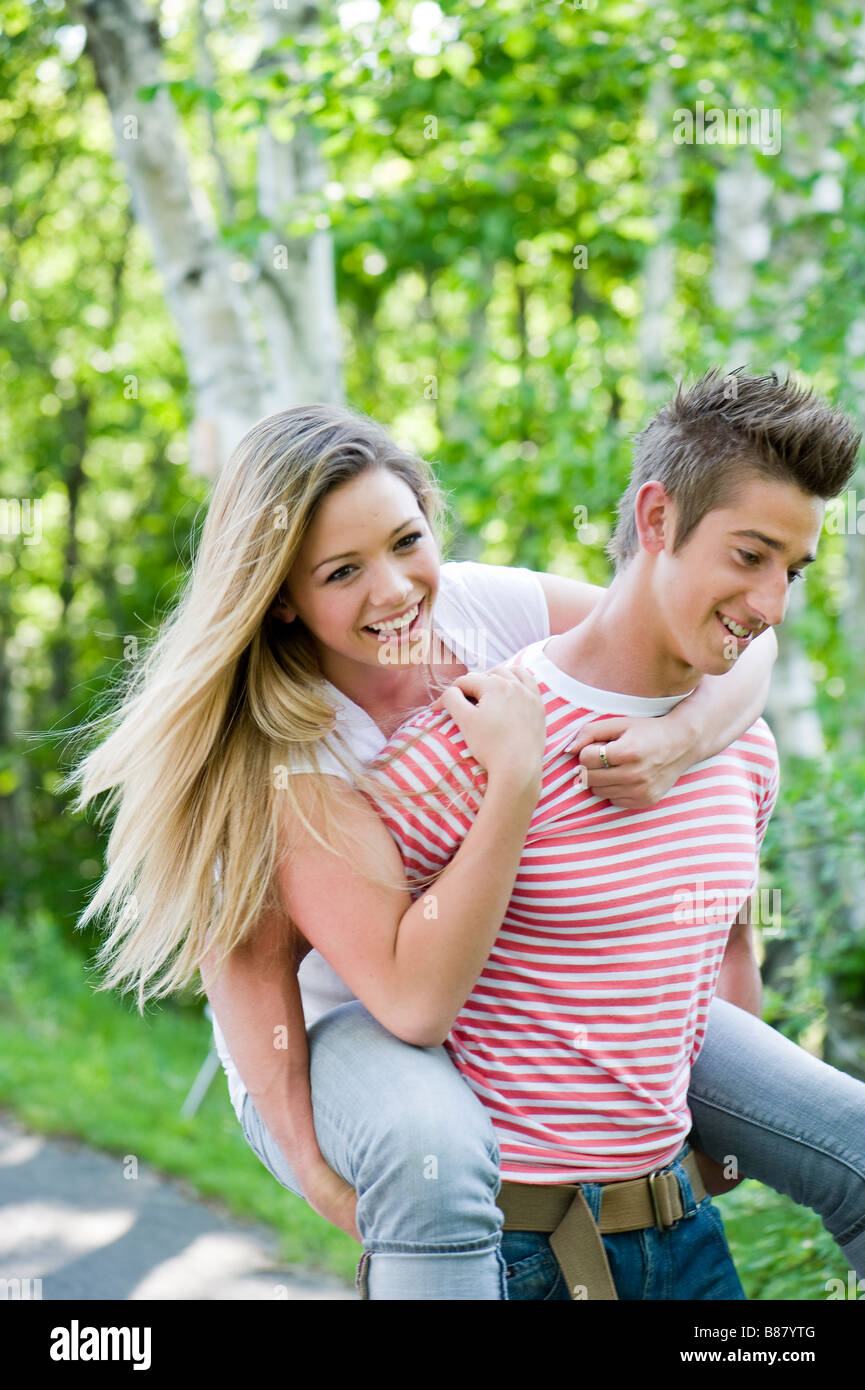 Young couple in love playing outside. Stock Photo