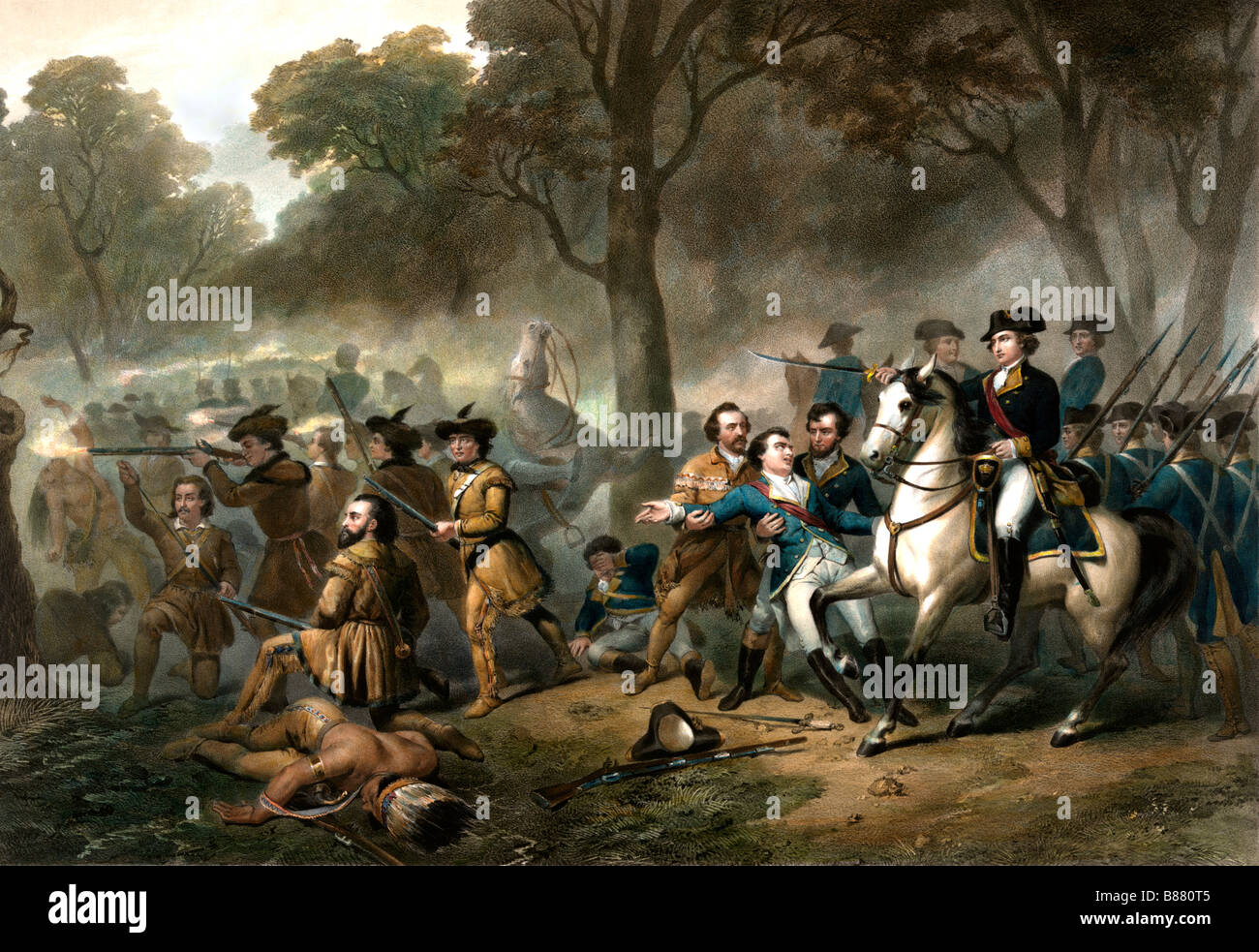 Life of George Washington - The Soldier.  George Washington on horse, soldiers fighting during the battle of the Monongahela Stock Photo