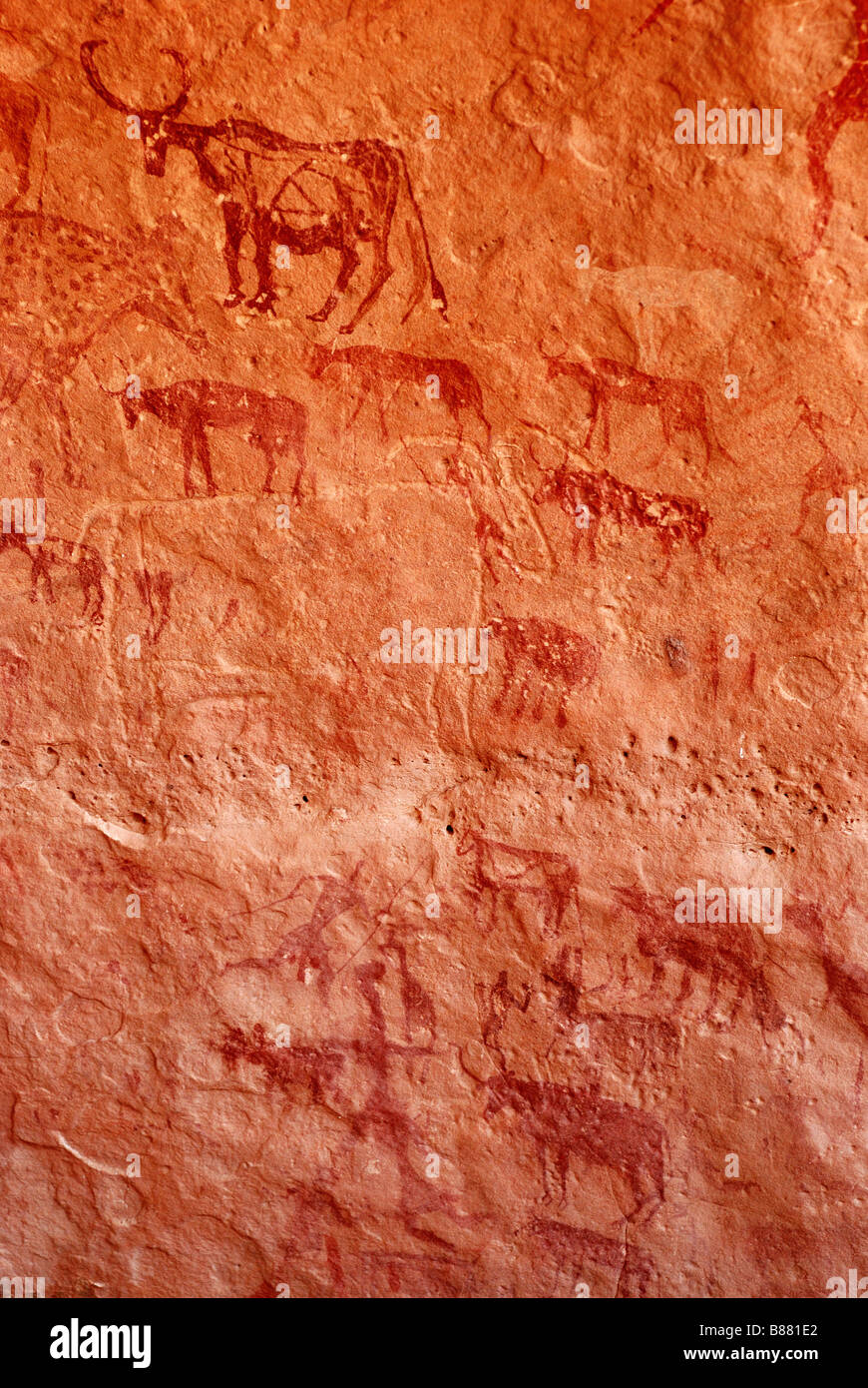 Rock paintings in Messak Mellel (Wadi Mellel or Messak Mellet) Stock Photo