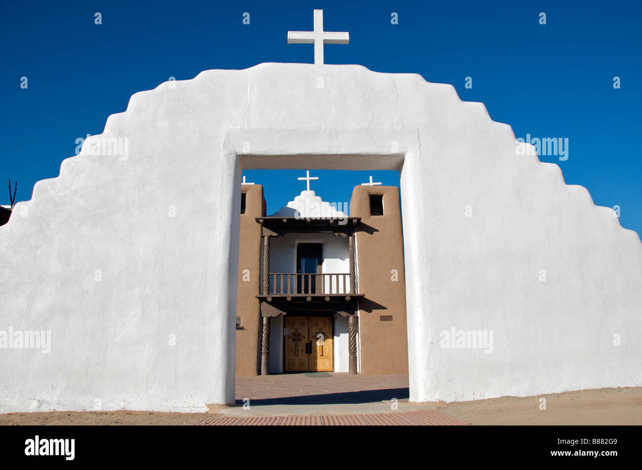 Facade and entance San Geromino Church Taos Pueblo New Mexico USA Stock Photo