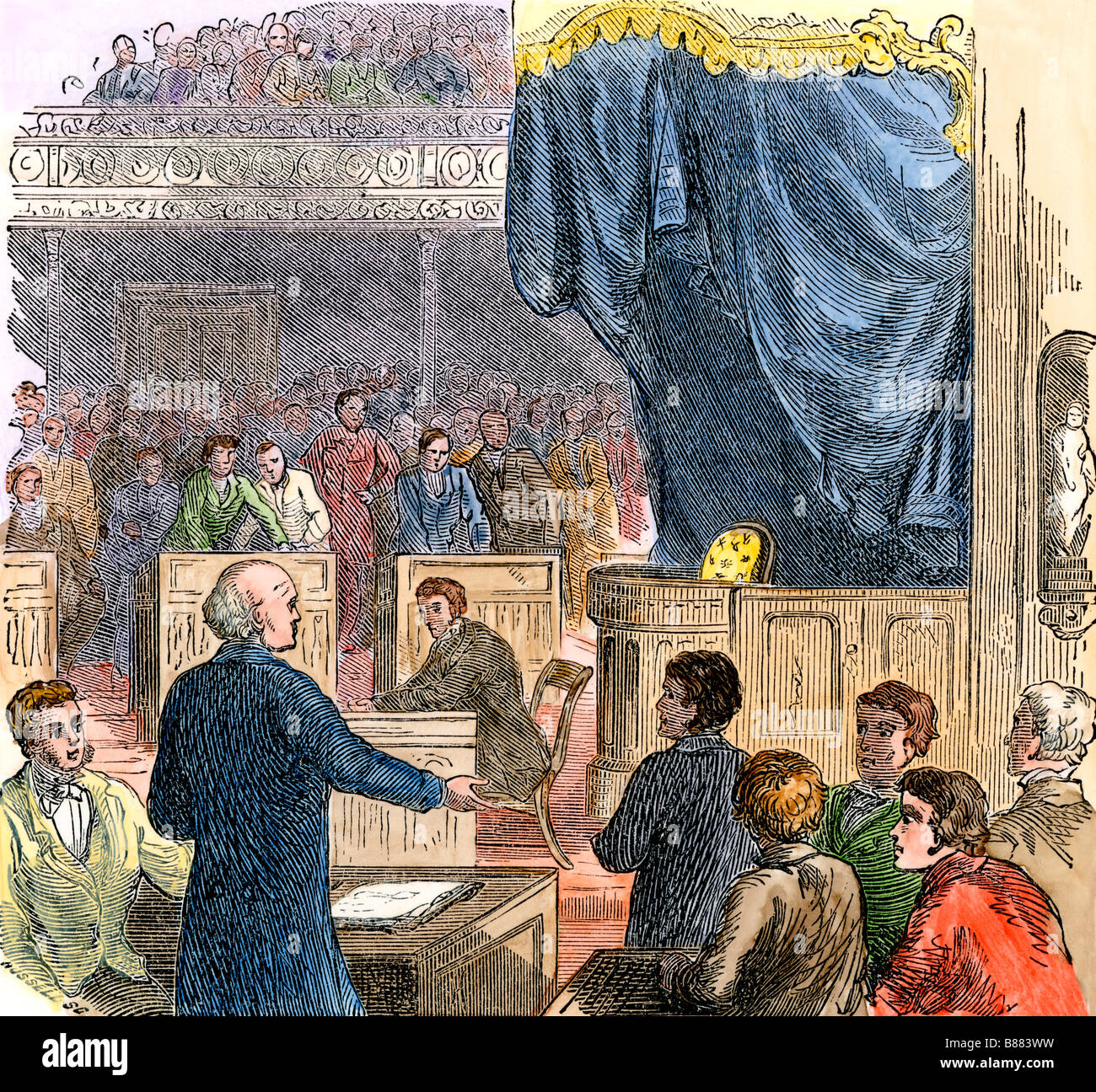 Ex-President John Quincy Adams in the House of Representatives. Hand-colored woodcut Stock Photo