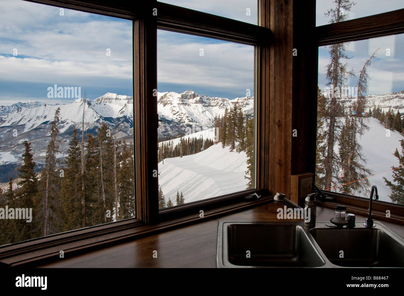 View out the kitchen windows, Tempter House, Telluride Ski Resort, Telluride, Colorado. Stock Photo