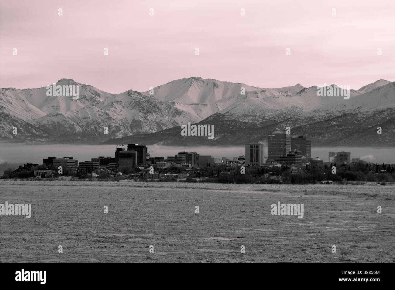 Anchorage Alaska Skyline Gompertz Channel From Earthquake Park Chugach Mountains United States North America Stock Photo