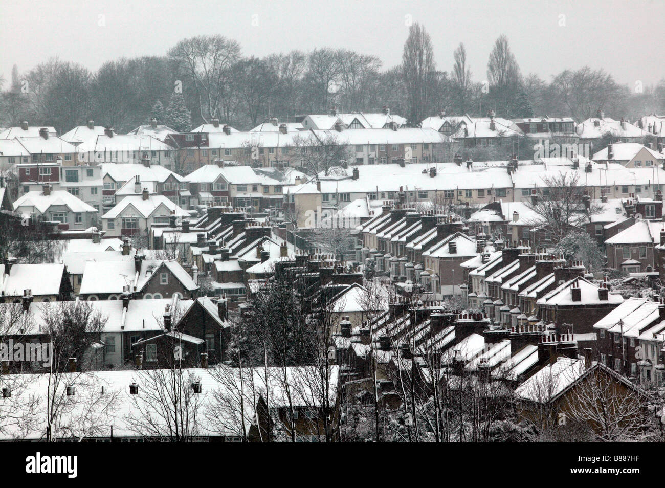 Winter Areal Telephoto shot of  snowy Ellerdale Street taken from the top of the Lewisham Centre Car Park Stock Photo
