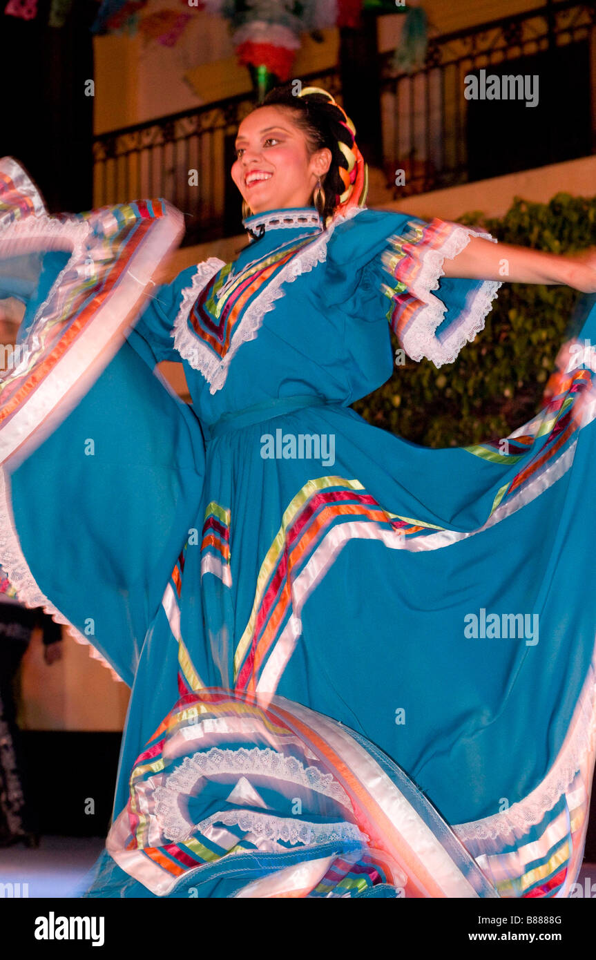 MEXICO SINOLA STATE MAZATLAN Smiling Folk Dancer performing on stage. Plaza Machado. Old Mazatlan Stock Photo