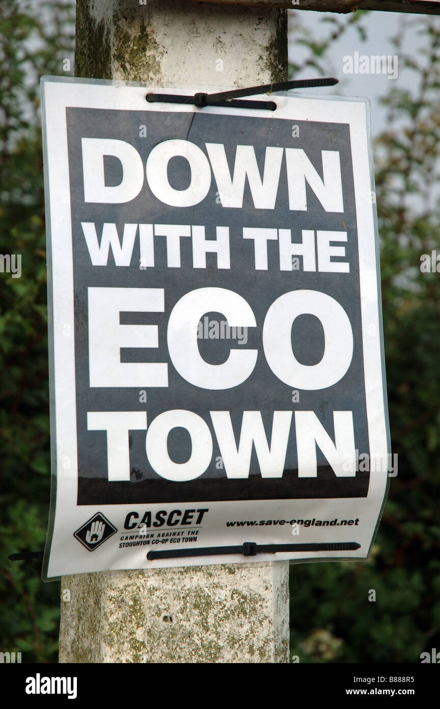Down With The Eco Town poster protesting about the development of Pennbury eco-town on Co-op land in Leicestershire, England, UK Stock Photo