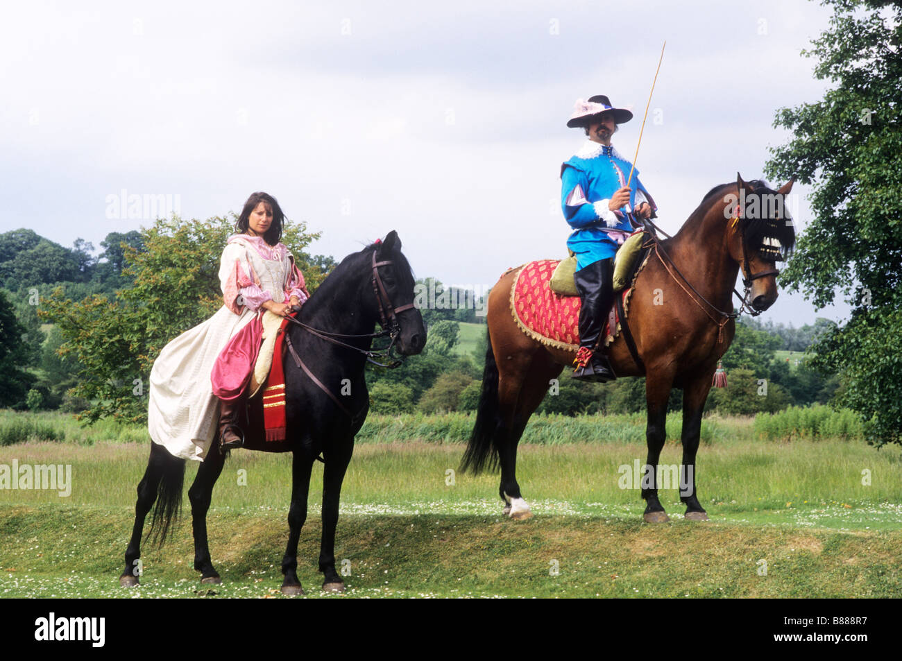 Classical Equitation Cavalier And Lady On Horseback Historical Re Enactment Dressage 17th Century Costume Man Woman Rider Riders Stock Photo Alamy