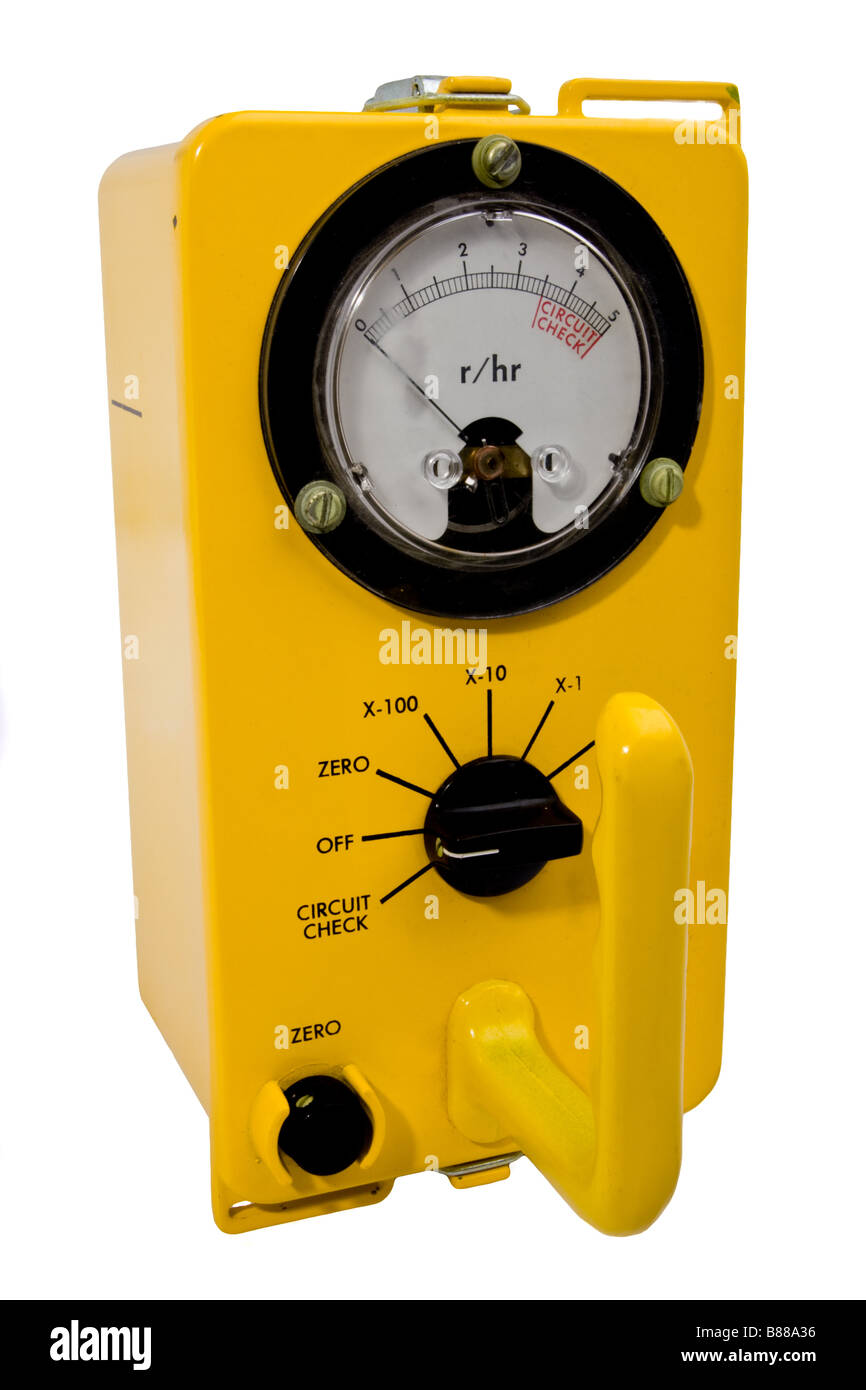 Yellow classic geiger counter isolated on white Stock Photo