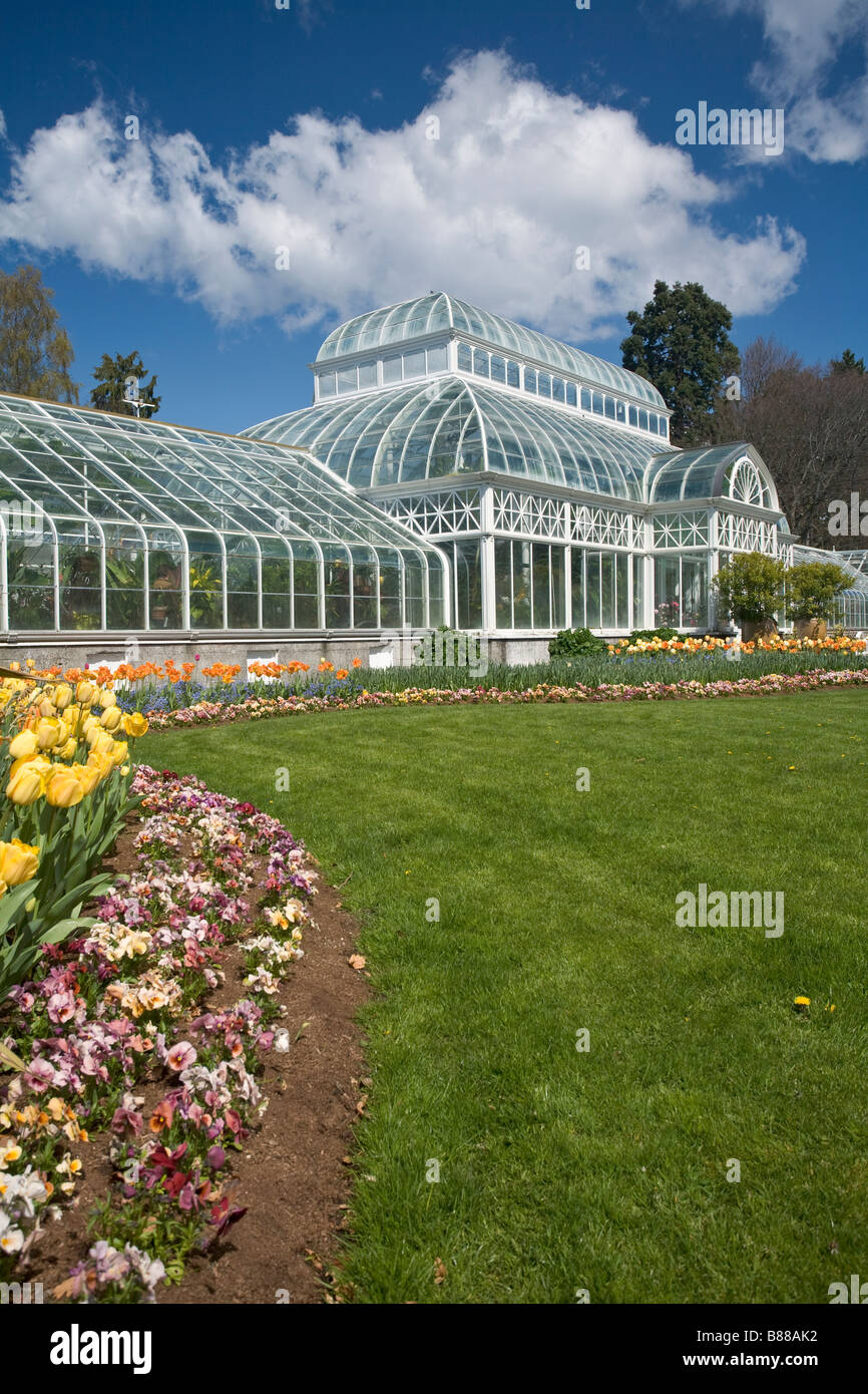 Seattle, WA Volunteer Park Conservatory with spring flower garden and