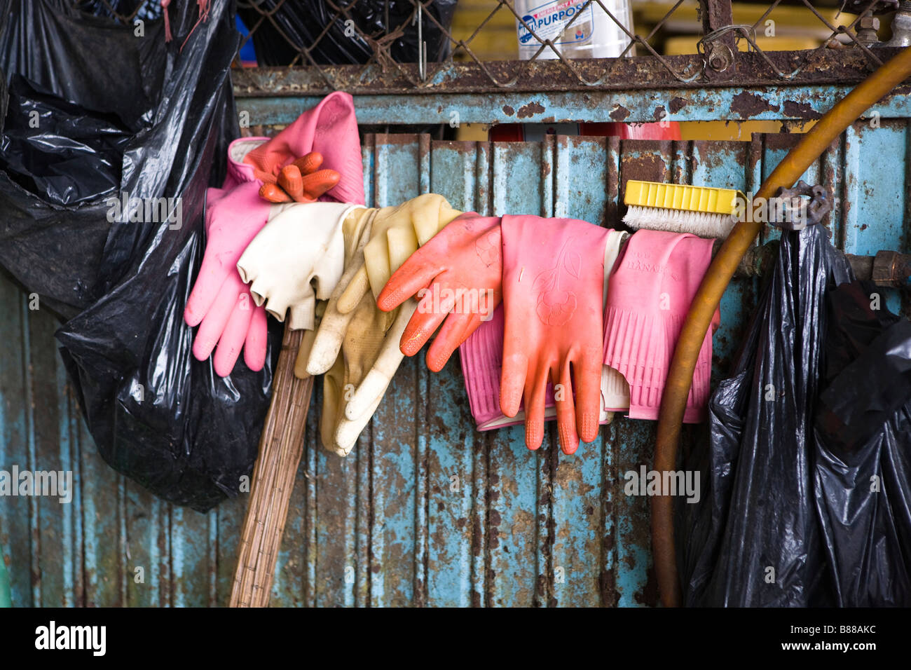 rubber gloves and trash bags Stock Photo