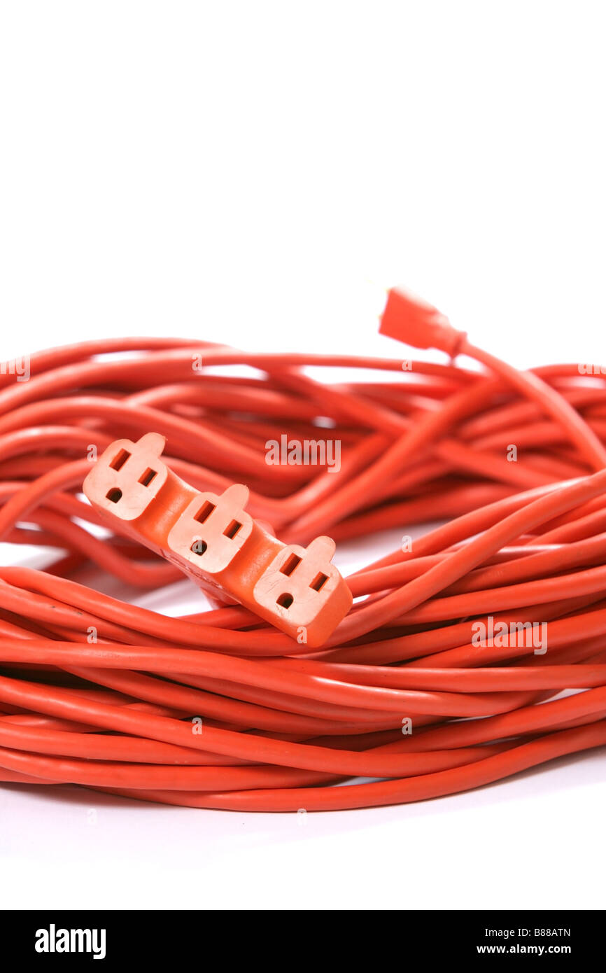 A 100 foot orange extension cord coiled up with a three way splitter