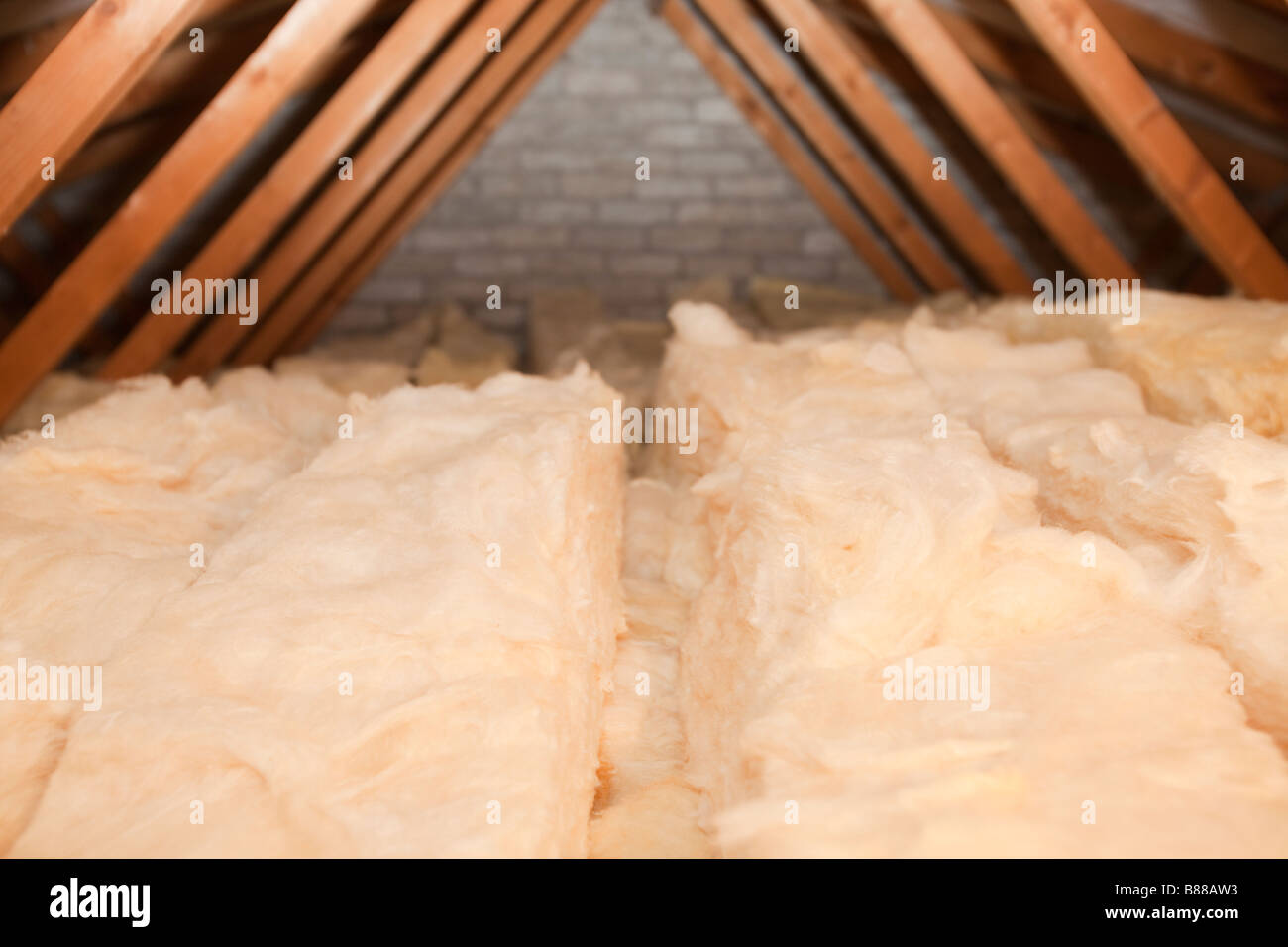 Loft insulation to cut down heat loss in a house loft Stock Photo