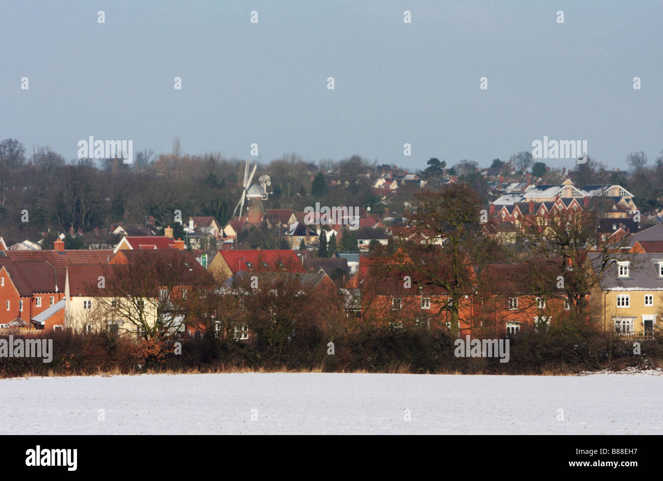 The village and windmill of Stansted Mountfitchet, England, during