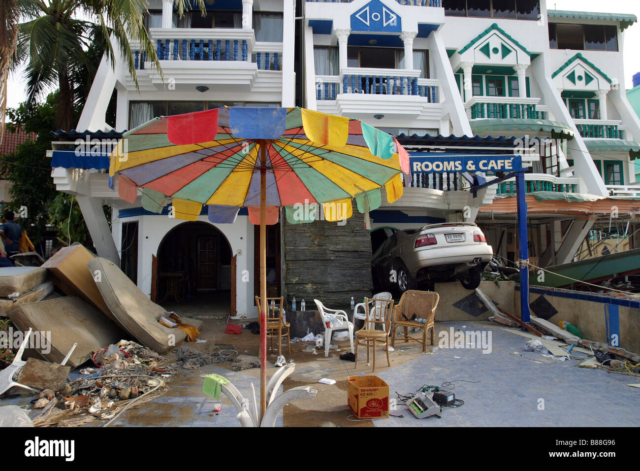 A vehicle is lodged into a hotel after the December 26, 2004 tsunami hit Patong Beach on Phuket Island, Thailand. Stock Photo