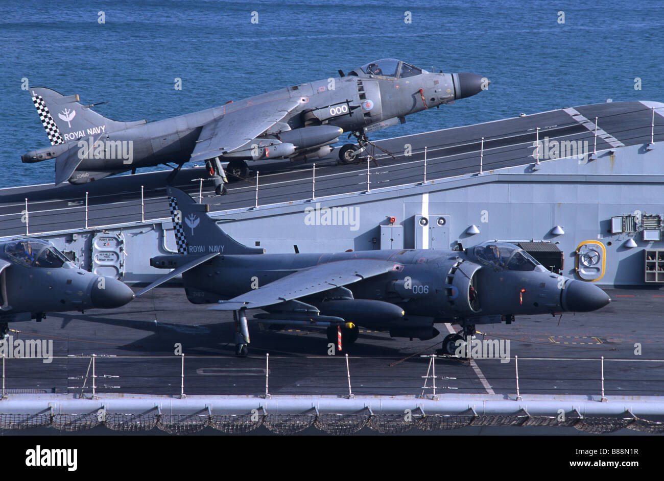 Harrier Jets on the British Aircraft Carrier HMS Illustrious in the Grand or Great Harbour or Harbor of Valletta, Malta Stock Photo