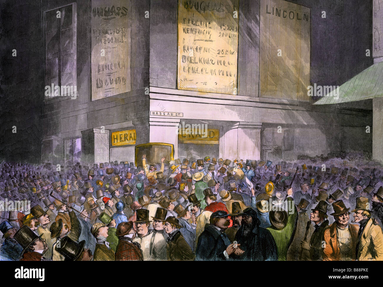 Crowd reading the announcement of Lincoln's election by Drummond Light at the New York Herald office 1860. Hand-colored woodcut Stock Photo