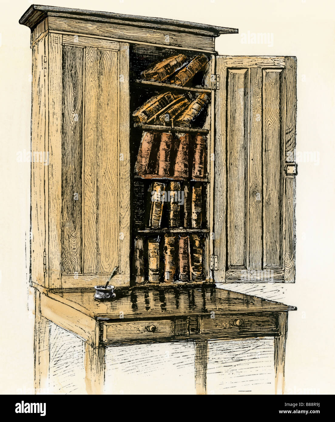 Abraham Lincoln's law office bookcase and writing desk. Hand-colored woodcut Stock Photo