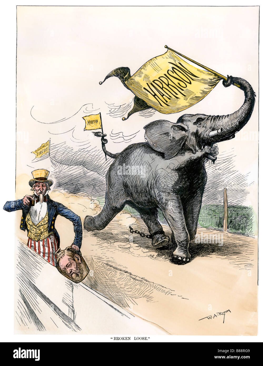 Benjamin Harrison as a Republican elephant breaking away with the presidential nomination 1888. Hand-colored woodcut of a W.A. Rogers cartoon Stock Photo